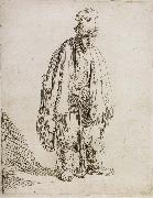 REMBRANDT Harmenszoon van Rijn, Beggar in a high cap,Standing and Leaning on a stick